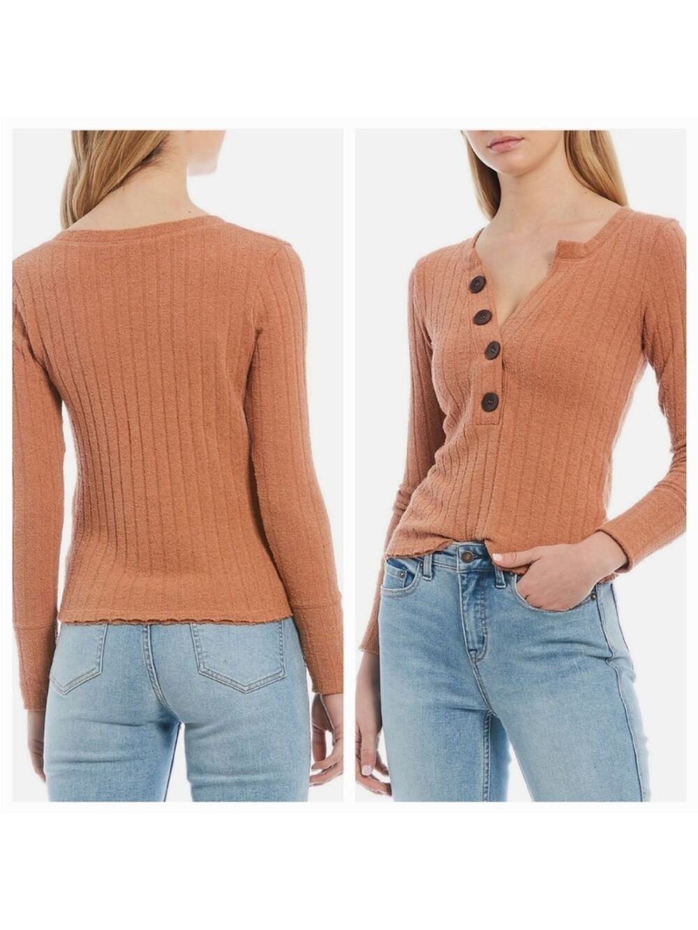 NEW We the Free Oliver Boucle Ribbed Long sleeve Henley in Clay, XS, MSRP $58